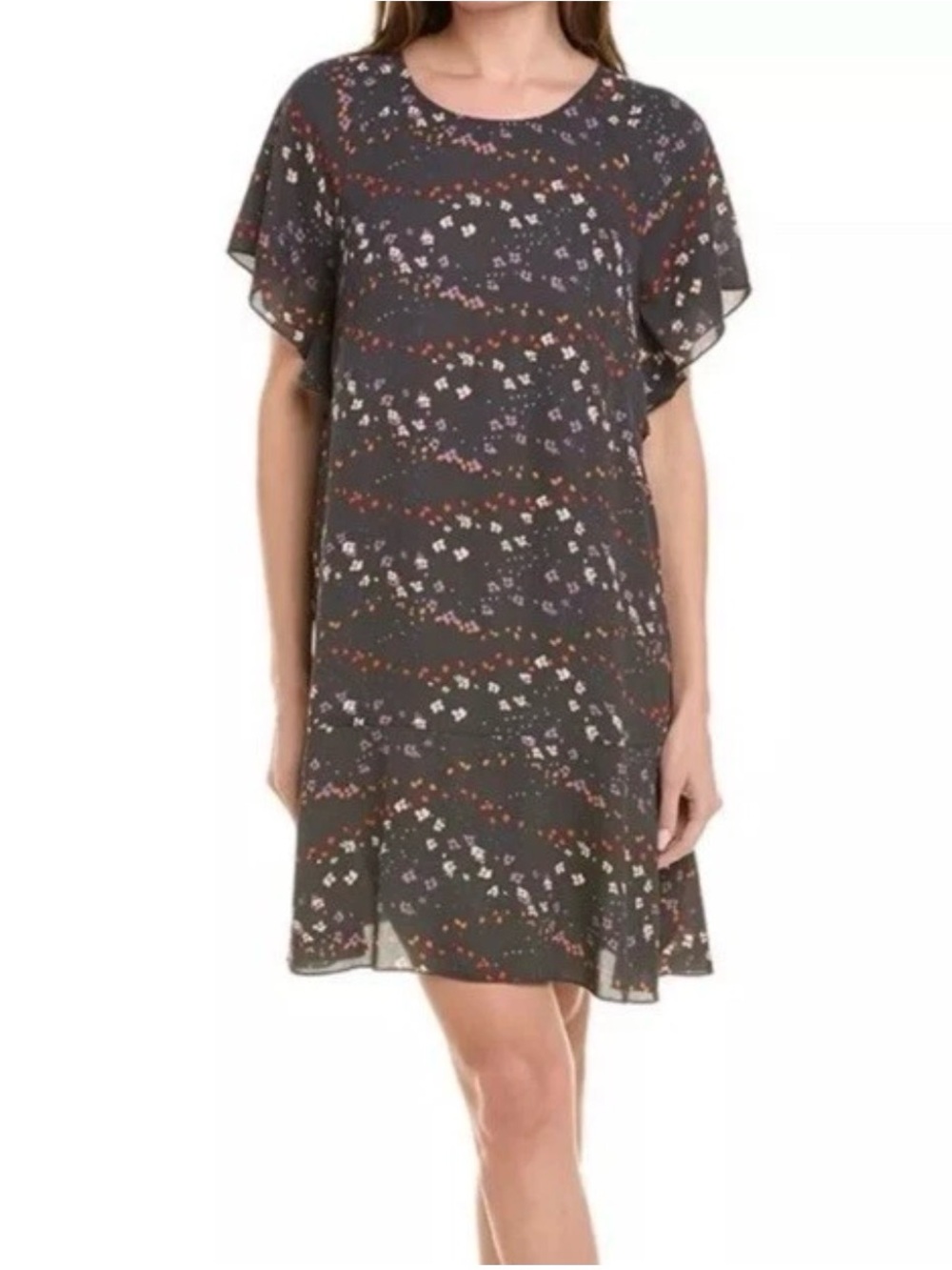 Cabi Muse Dark Grey Floral Flutter Sleeve Shift Dress Size Small